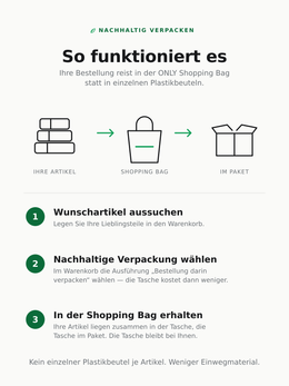 So funktioniert es: Artikel aussuchen, nachhaltige Verpackung in der ONLY Shopping Bag wählen, Artikel in der Tasche im Paket erhalten.